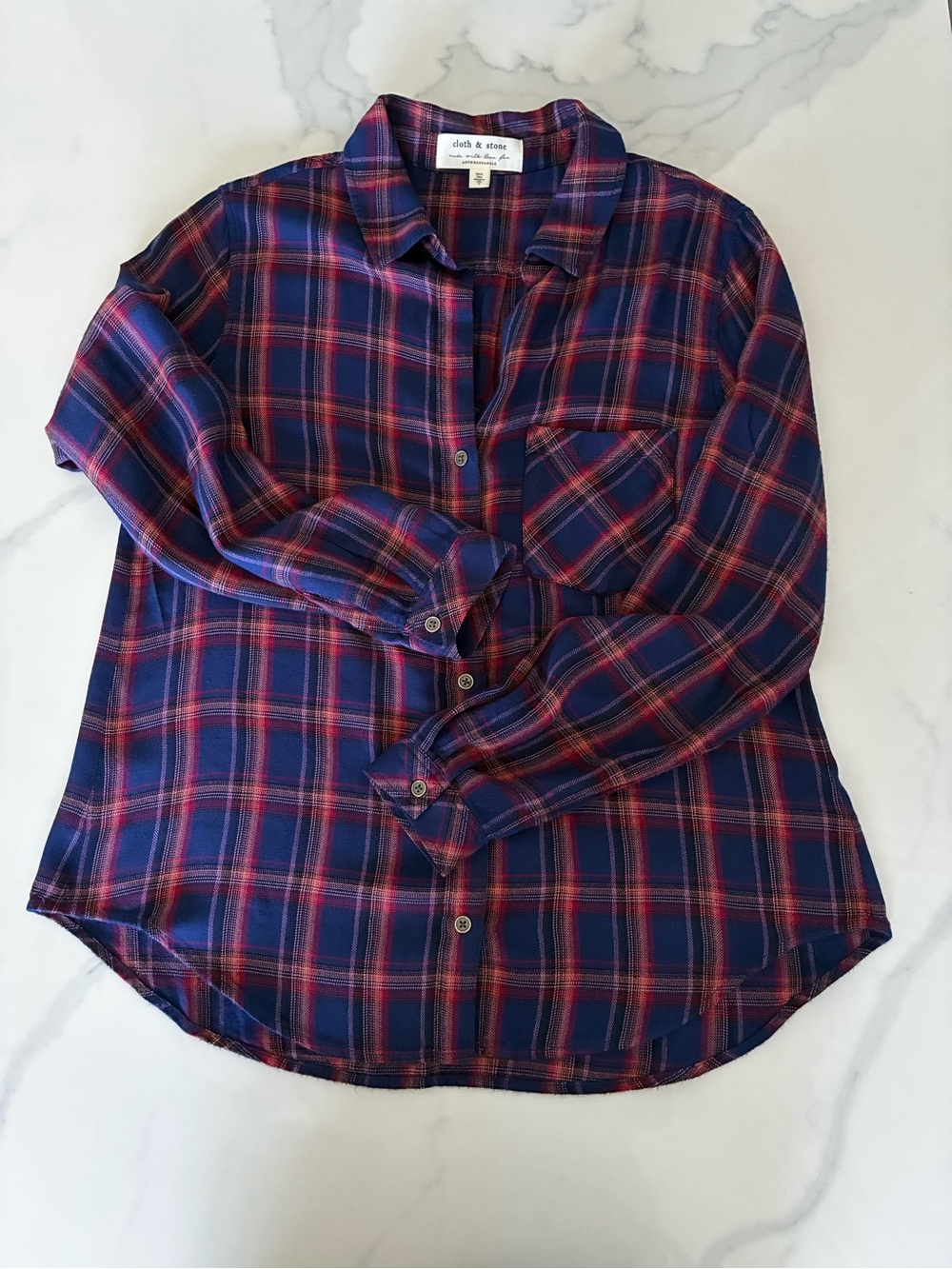 cloth & stone Navy Plaid Button-Up Shirt with Red Stripes
